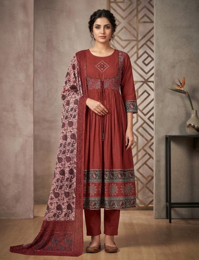 Brown printed anarkali kurti set with stylish dupatta