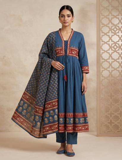 Blue cotton silk anarkali kurti set with dupatta
