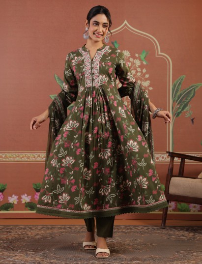 Mehendi green silk kurti set with floral dupatta elegance