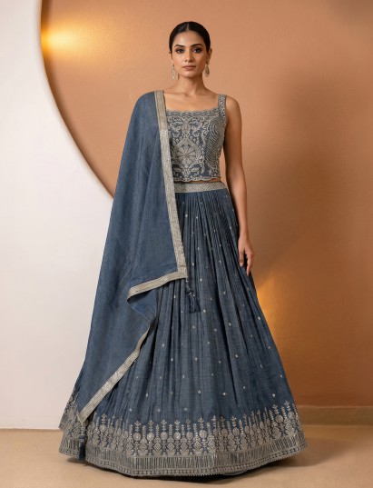 Stone blue chiffon designer lehenga choli with dupatta