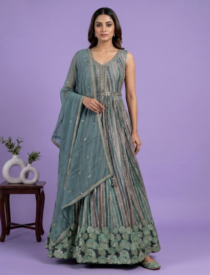 Dusty green embellished silk anarkali suit with dupatta