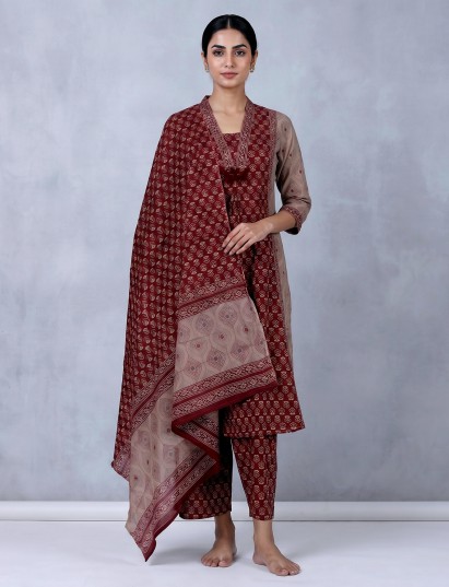 Maroon printed cotton festive palazzo kurti set design