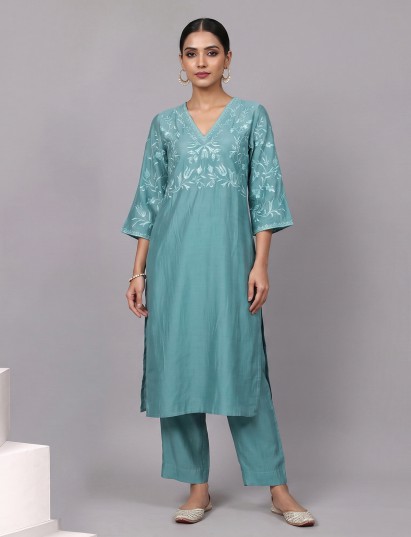 Sky blue silk bodice style kurti set