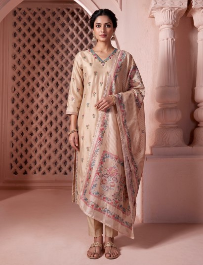 Beige silk V neck straight cut kurti set