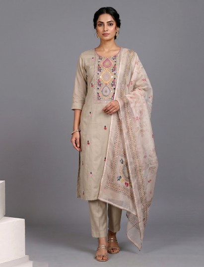 Beige silk embellished straight cut kurti set