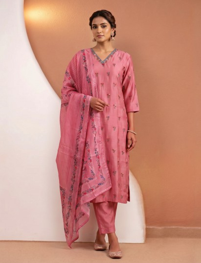 Pink silk thread work festive kurti set