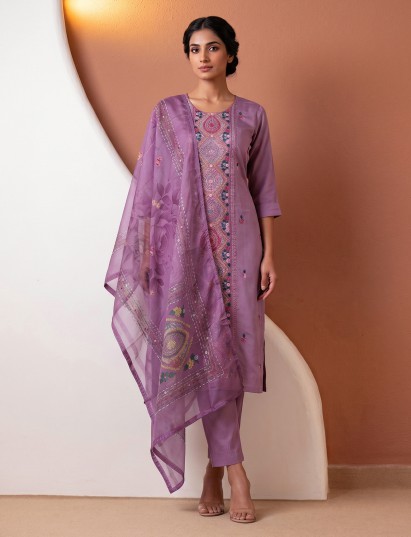 Lavender purple silk sequined festive kurti set