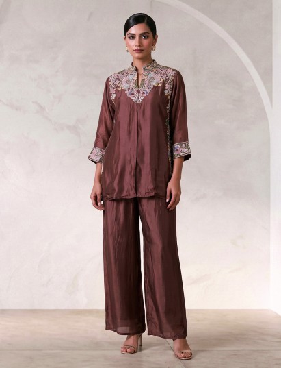Pastel brown embroidered crepe silk festive co ord set