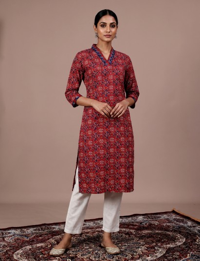 Maroon printed cotton blend casual kurti for women