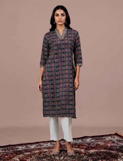 Black printed silk casual kurti with elegant V neck