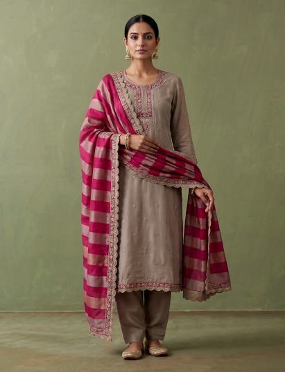Beige cotton silk embroidered salwar suit with contrast dupatta
