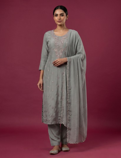 Pastel grey silk designer salwar suit with embellishments