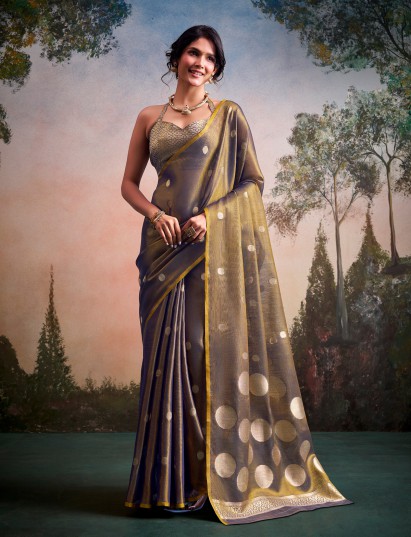 Timeless grey zari work tissue silk saree