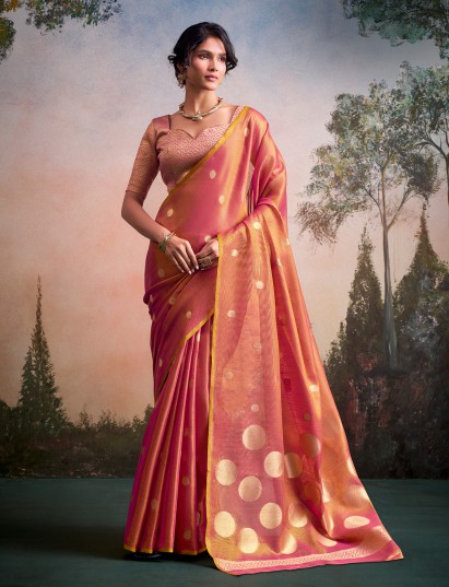 Graceful onion pink zari work tissue silk saree
