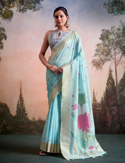 Sky blue botanical charm linen silk saree with unstitched blouse