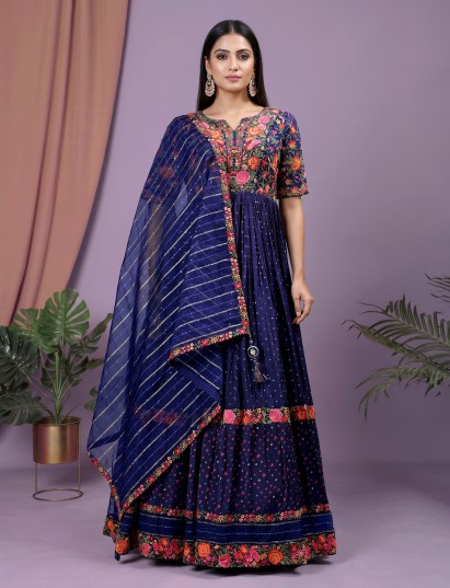 Navy silk anarkali salwar suit with sweetheart neckline