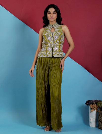 Mehendi green festive palazzo suit with intricate handwork