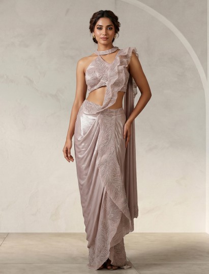 Baby pink lycra indowestern suit with attached dupatta