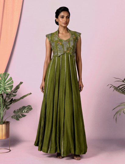 Mehendi green cotton silk designer anarkali suit elegance
