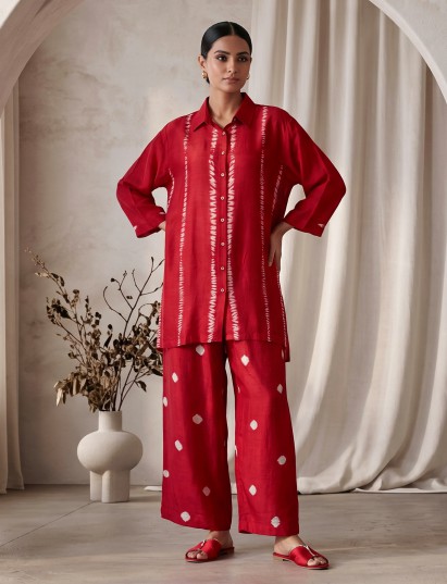 Red silk printed casual co-ord set with palazzo