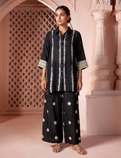 Black silk printed co-ord set with palazzo style