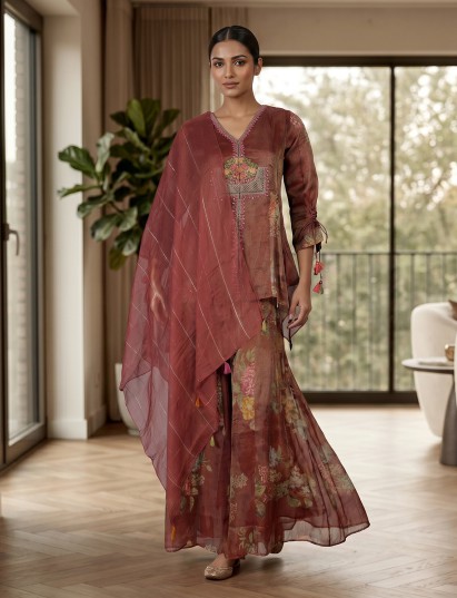 Pastel brown georgette tissue palazzo suit design