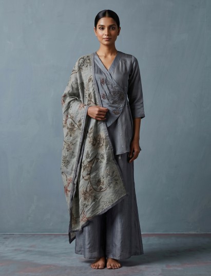 Pastel grey silk embellished palazzo suit elegance