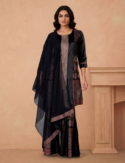 Black satin silk embellished palazzo suit ensemble
