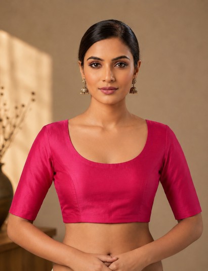 Magenta art silk round neck elbow sleeve blouse