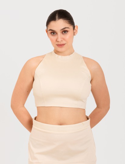White cotton lycra high halter neck sleeveless blouse