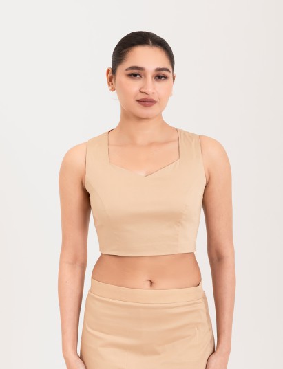 Beige cotton lycra sweetheart neck sleeveless blouse