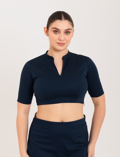Blue cotton lycra collar neck sleeveless blouse