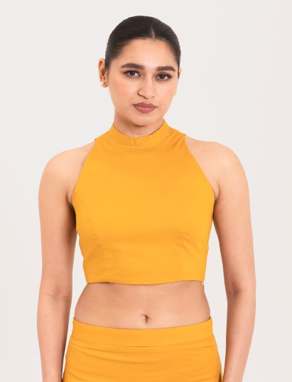 Yellow cotton lycra high halter neck sleeveless blouse