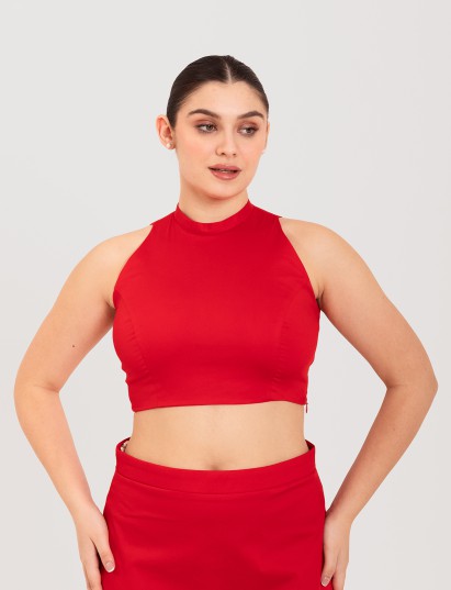 Red cotton lycra high halter neck sleeveless blouse