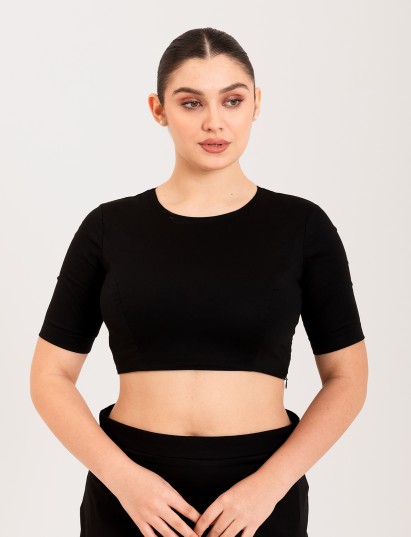 Black cotton lycra round neck sleeveless blouse