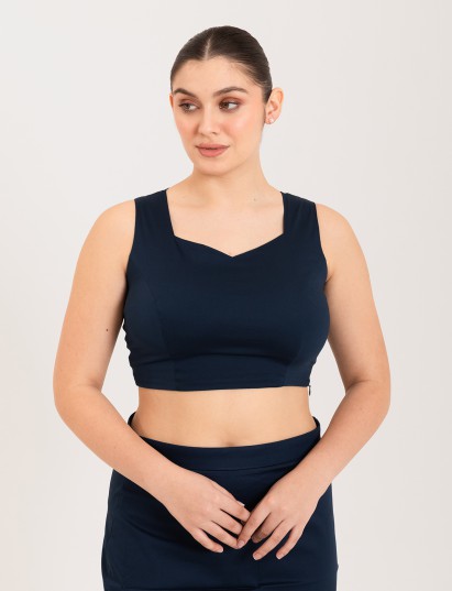 Blue cotton lycra sweetheart neck sleeveless blouse