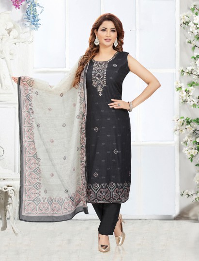 Black printed silk straight cut salwar suit