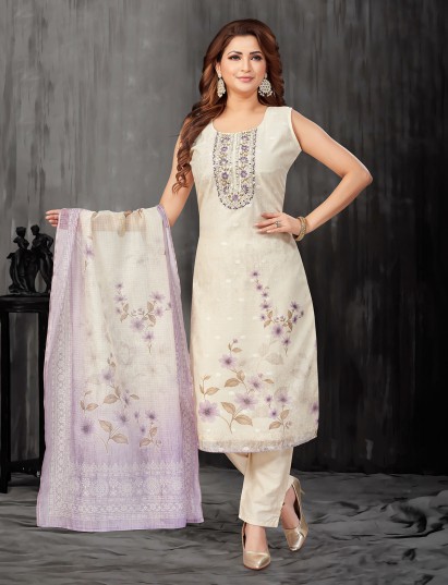 Off white and purple floral silk salwar suit