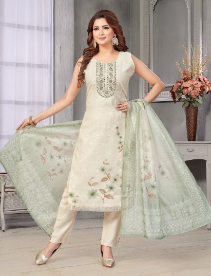 Off white and green floral silk salwar suit 