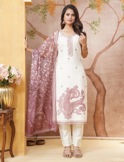 Off white and onion pink printed silk suit