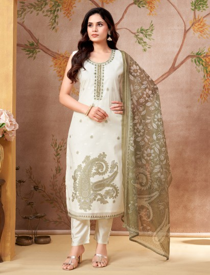 Off white and olive printed silk festive suit
