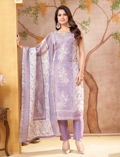 Lilac purple floral silk festive suit ensemble