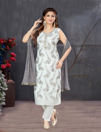 White printed silk elegant straight cut suit