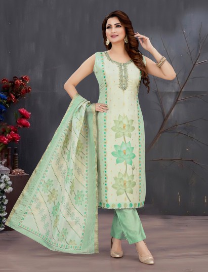 Pista green floral silk ethnic suit set