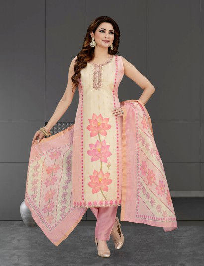 Pink floral silk straight cut festive suit