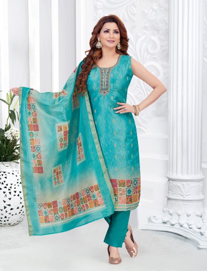 Aqua blue printed silk festive suit set