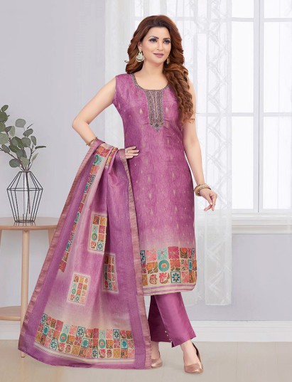 Purple printed silk ethnic straight cut suit