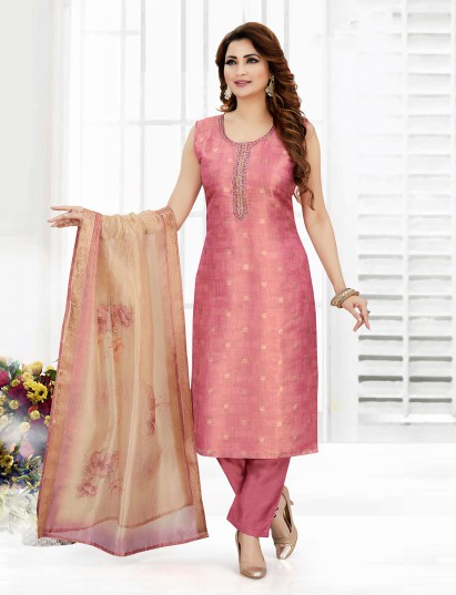 Pastel pink silk festive straight cut suit