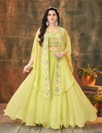 Bright yellow georgette designer lehenga choli