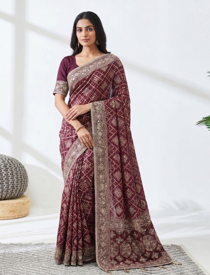 Wine georgette designer bandhej saree for celebrations